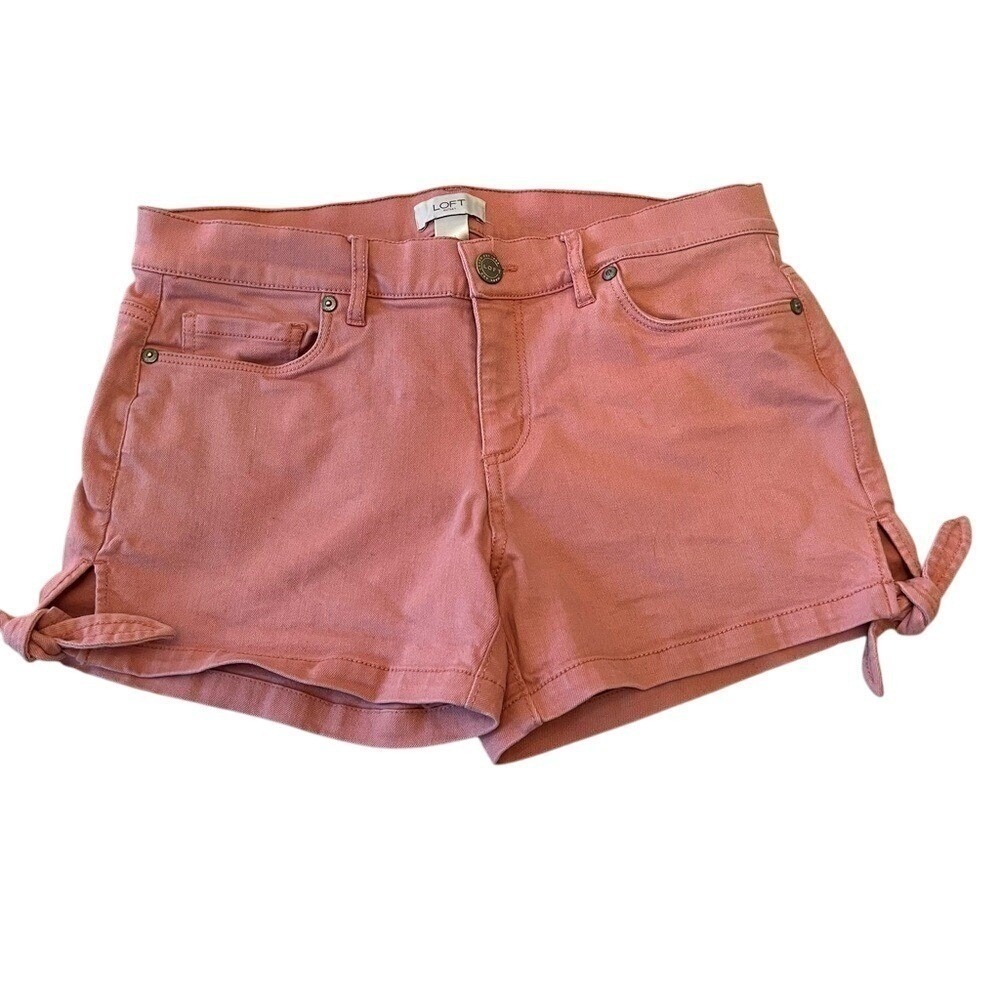 LOFT Pink Twill Tie Hem Shorts Stretch Mid Rise Y2K Coquette 2
